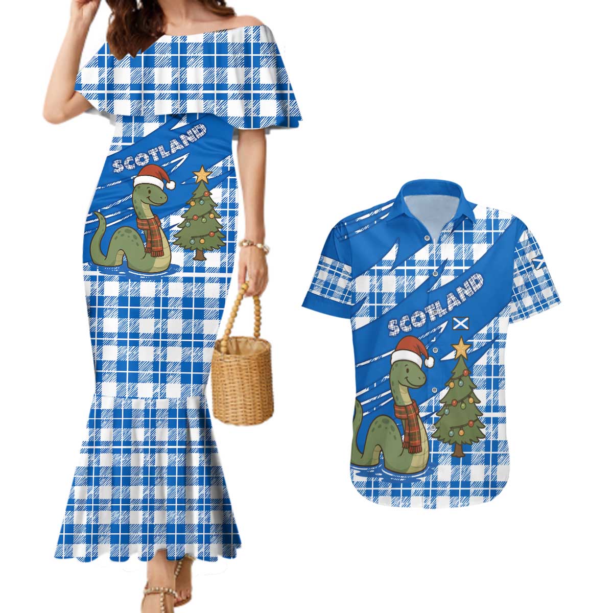 Scotland Christmas Couples Matching Mermaid Dress and Hawaiian Shirt with Nessie Santa Hat and Blue Tartan Tree - Wonder Print Shop