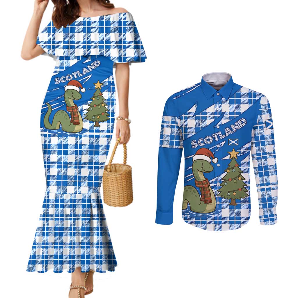 Scotland Christmas Couples Matching Mermaid Dress and Long Sleeve Button Shirt with Nessie Santa Hat and Blue Tartan Tree - Wonder Print Shop