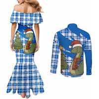 Scotland Christmas Couples Matching Mermaid Dress and Long Sleeve Button Shirt with Nessie Santa Hat and Blue Tartan Tree - Wonder Print Shop