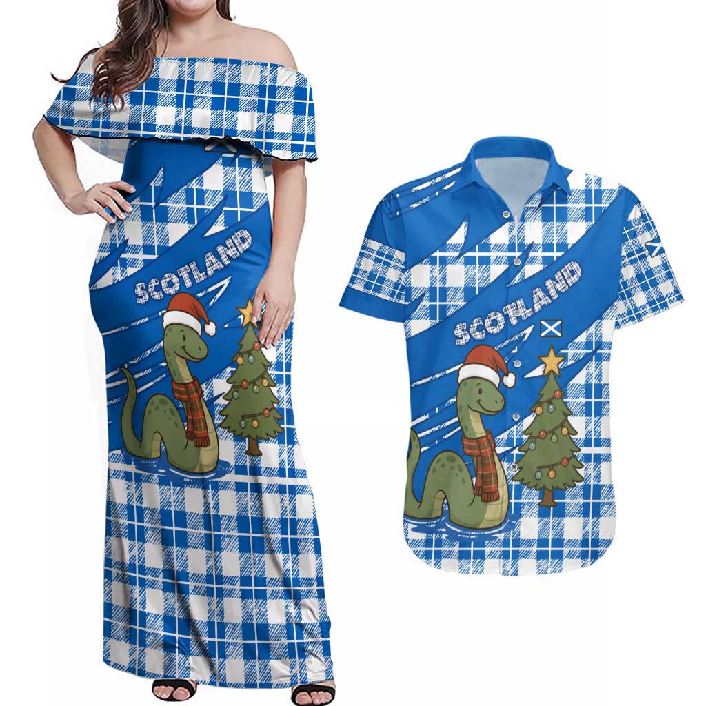 Scotland Christmas Couples Matching Off Shoulder Maxi Dress and Hawaiian Shirt with Nessie Santa Hat and Blue Tartan Tree - Wonder Print Shop