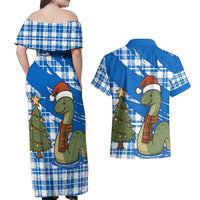 Scotland Christmas Couples Matching Off Shoulder Maxi Dress and Hawaiian Shirt with Nessie Santa Hat and Blue Tartan Tree - Wonder Print Shop