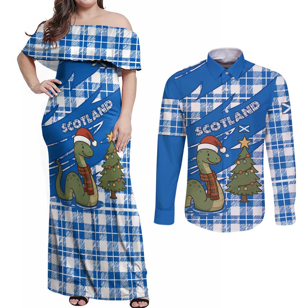 Scotland Christmas Couples Matching Off Shoulder Maxi Dress and Long Sleeve Button Shirt with Nessie Santa Hat and Blue Tartan Tree - Wonder Print Shop