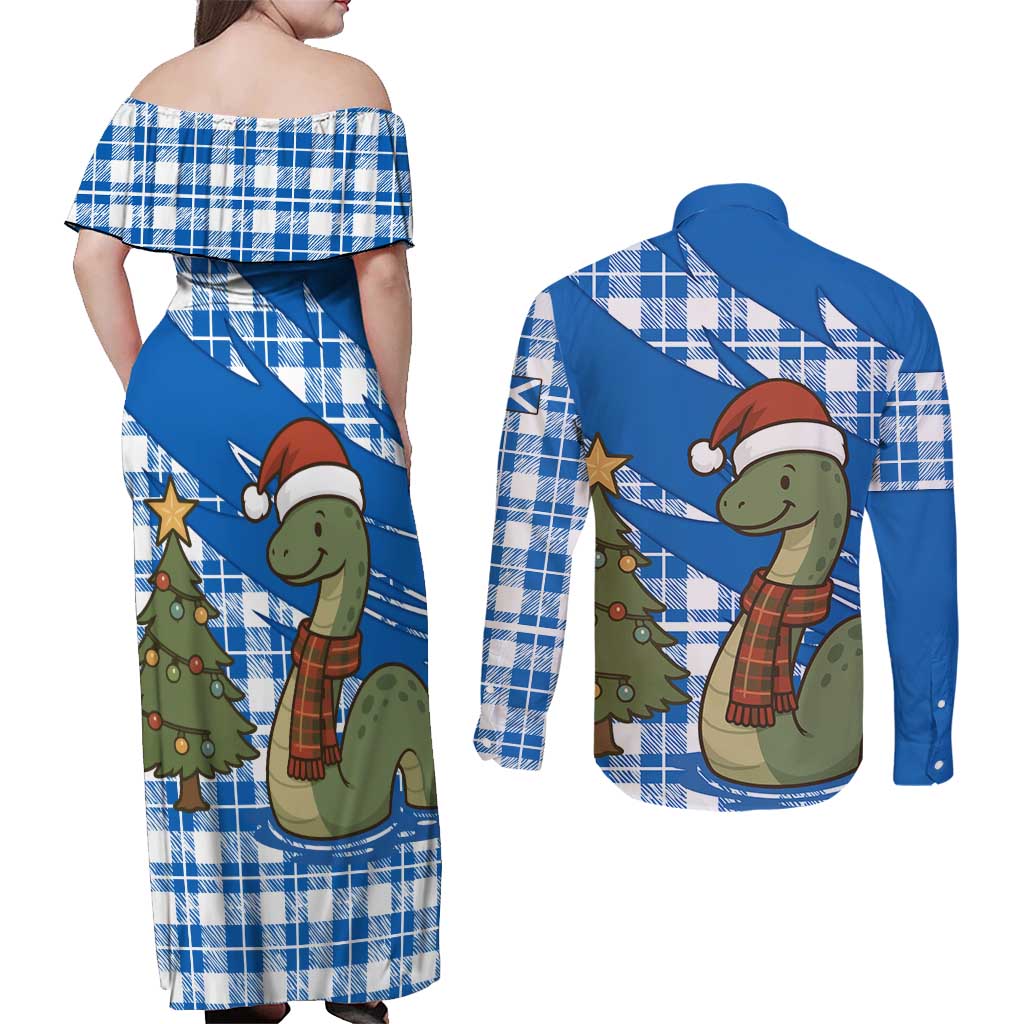 Scotland Christmas Couples Matching Off Shoulder Maxi Dress and Long Sleeve Button Shirt with Nessie Santa Hat and Blue Tartan Tree - Wonder Print Shop