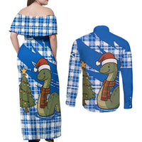 Scotland Christmas Couples Matching Off Shoulder Maxi Dress and Long Sleeve Button Shirt with Nessie Santa Hat and Blue Tartan Tree - Wonder Print Shop