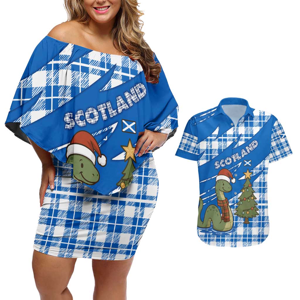 Scotland Christmas Couples Matching Off Shoulder Short Dress and Hawaiian Shirt with Nessie Santa Hat and Blue Tartan Tree - Wonder Print Shop