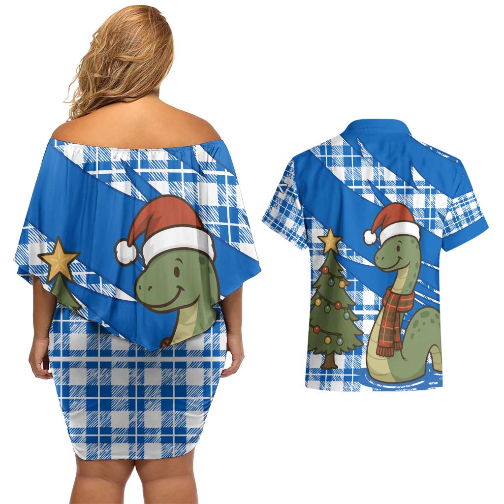 Scotland Christmas Couples Matching Off Shoulder Short Dress and Hawaiian Shirt with Nessie Santa Hat and Blue Tartan Tree - Wonder Print Shop