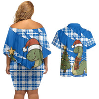 Scotland Christmas Couples Matching Off Shoulder Short Dress and Hawaiian Shirt with Nessie Santa Hat and Blue Tartan Tree - Wonder Print Shop