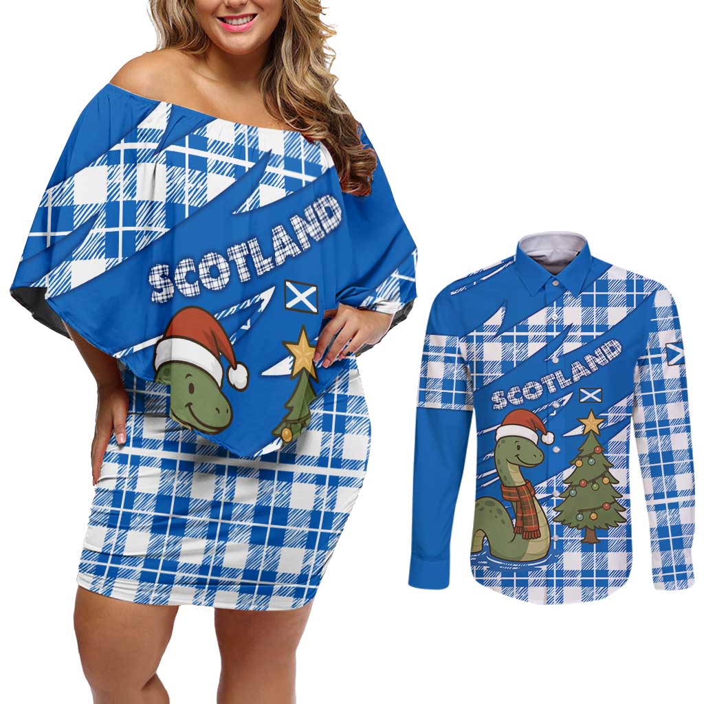 Scotland Christmas Couples Matching Off Shoulder Short Dress and Long Sleeve Button Shirt with Nessie Santa Hat and Blue Tartan Tree - Wonder Print Shop