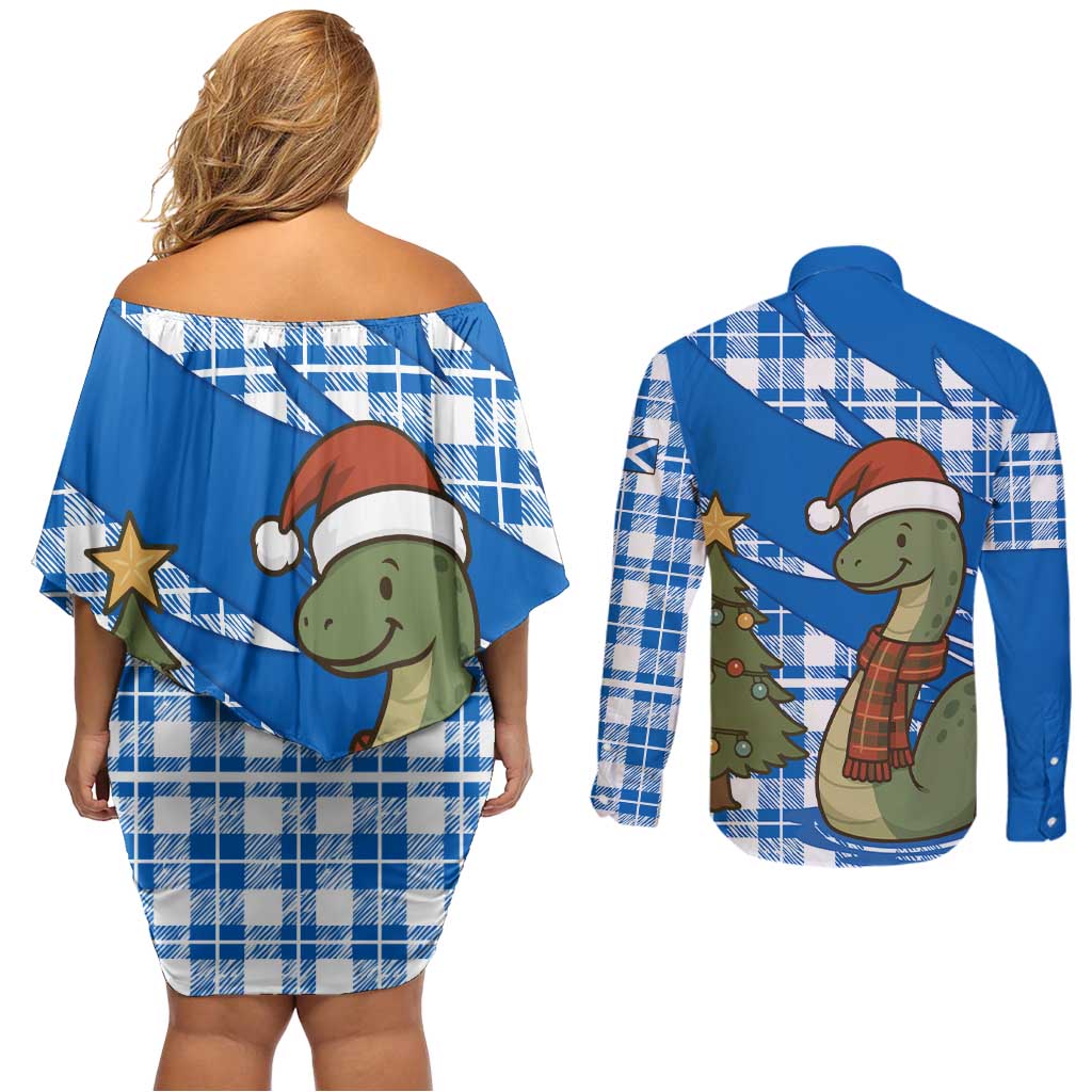 Scotland Christmas Couples Matching Off Shoulder Short Dress and Long Sleeve Button Shirt with Nessie Santa Hat and Blue Tartan Tree - Wonder Print Shop