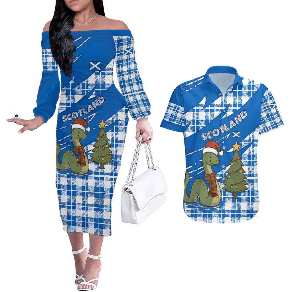 Scotland Christmas Couples Matching Off The Shoulder Long Sleeve Dress and Hawaiian Shirt with Nessie Santa Hat and Blue Tartan Tree - Wonder Print Shop