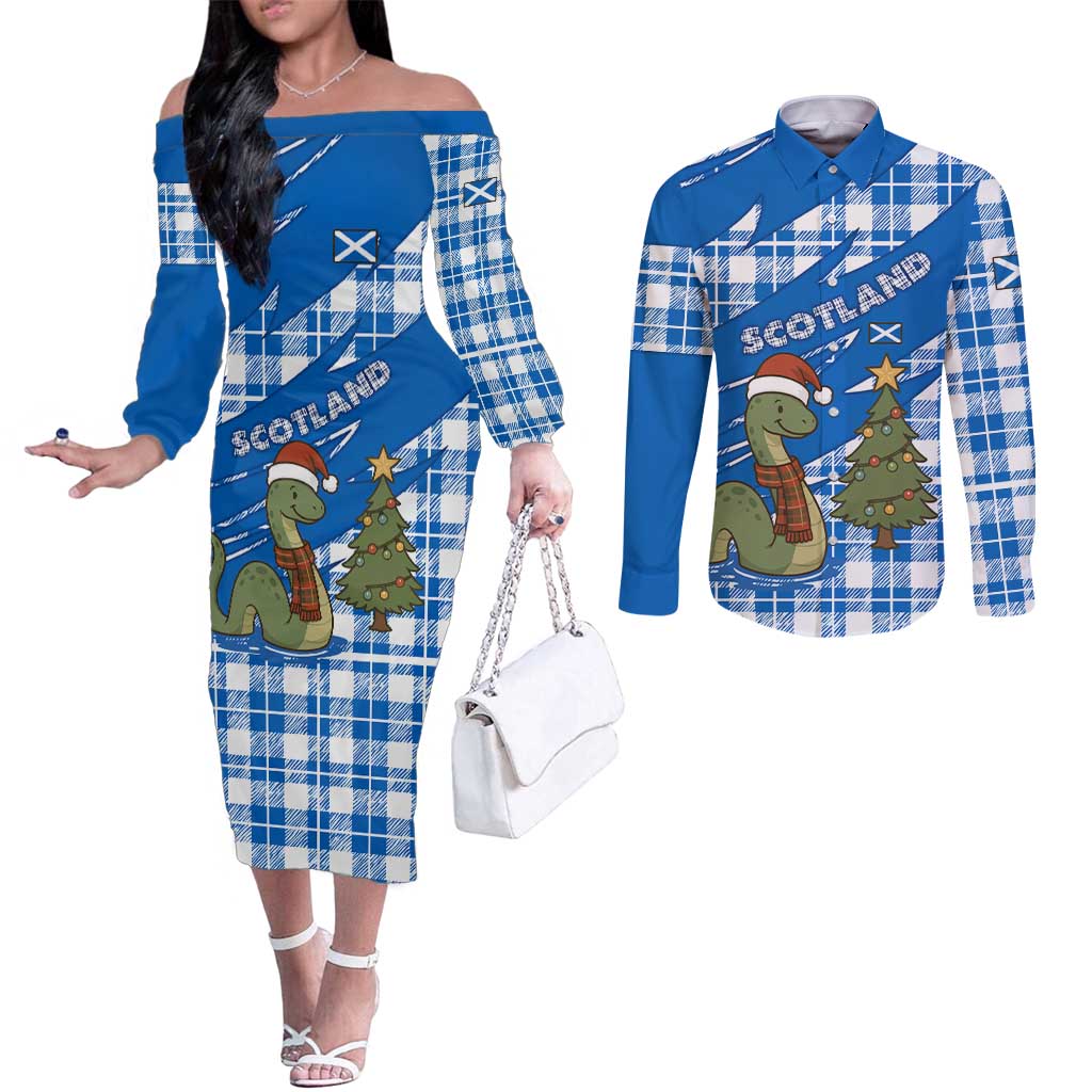 Scotland Christmas Couples Matching Off The Shoulder Long Sleeve Dress and Long Sleeve Button Shirt with Nessie Santa Hat and Blue Tartan Tree - Wonder Print Shop