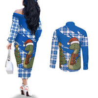 Scotland Christmas Couples Matching Off The Shoulder Long Sleeve Dress and Long Sleeve Button Shirt with Nessie Santa Hat and Blue Tartan Tree - Wonder Print Shop