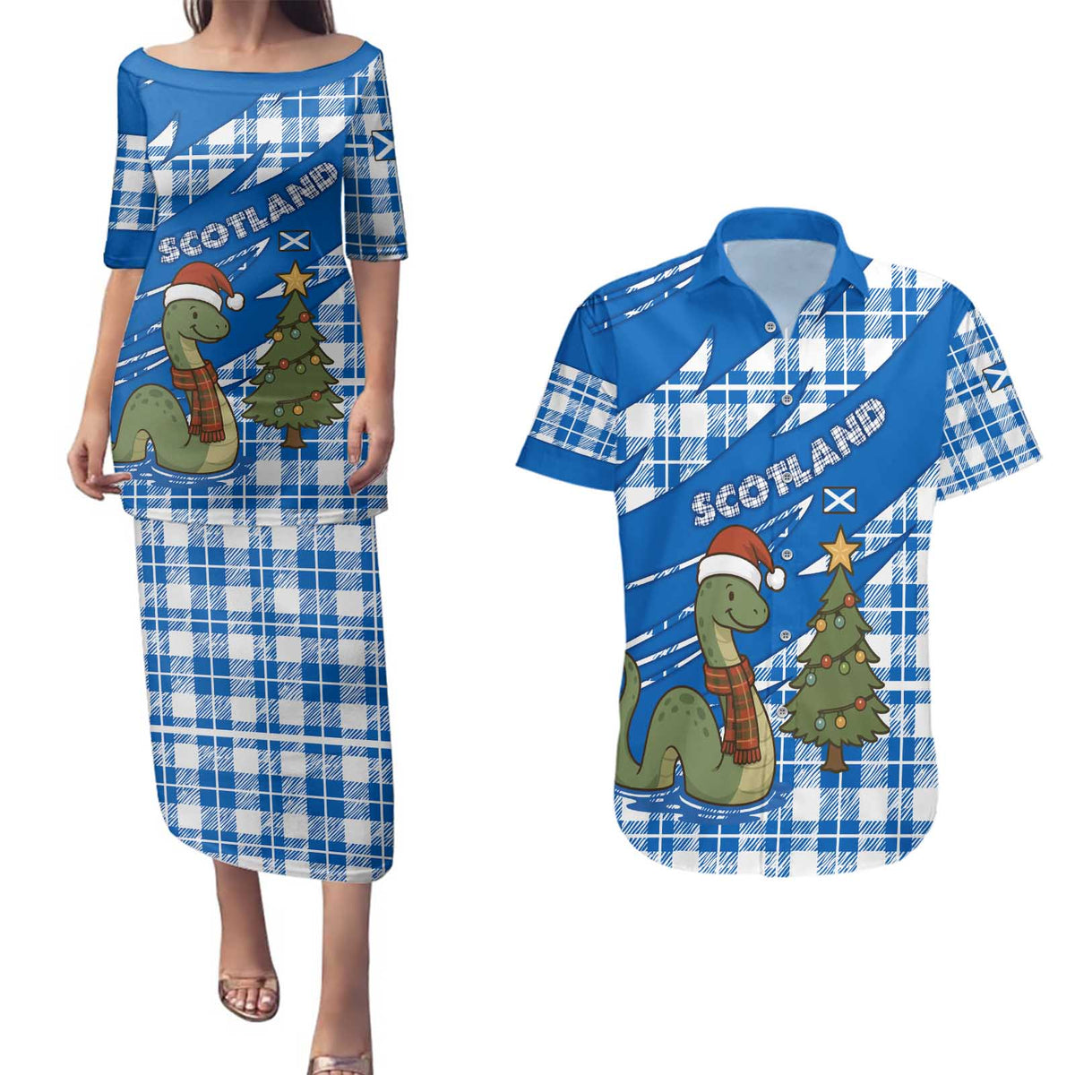 Scotland Christmas Couples Matching Puletasi and Hawaiian Shirt with Nessie Santa Hat and Blue Tartan Tree - Wonder Print Shop