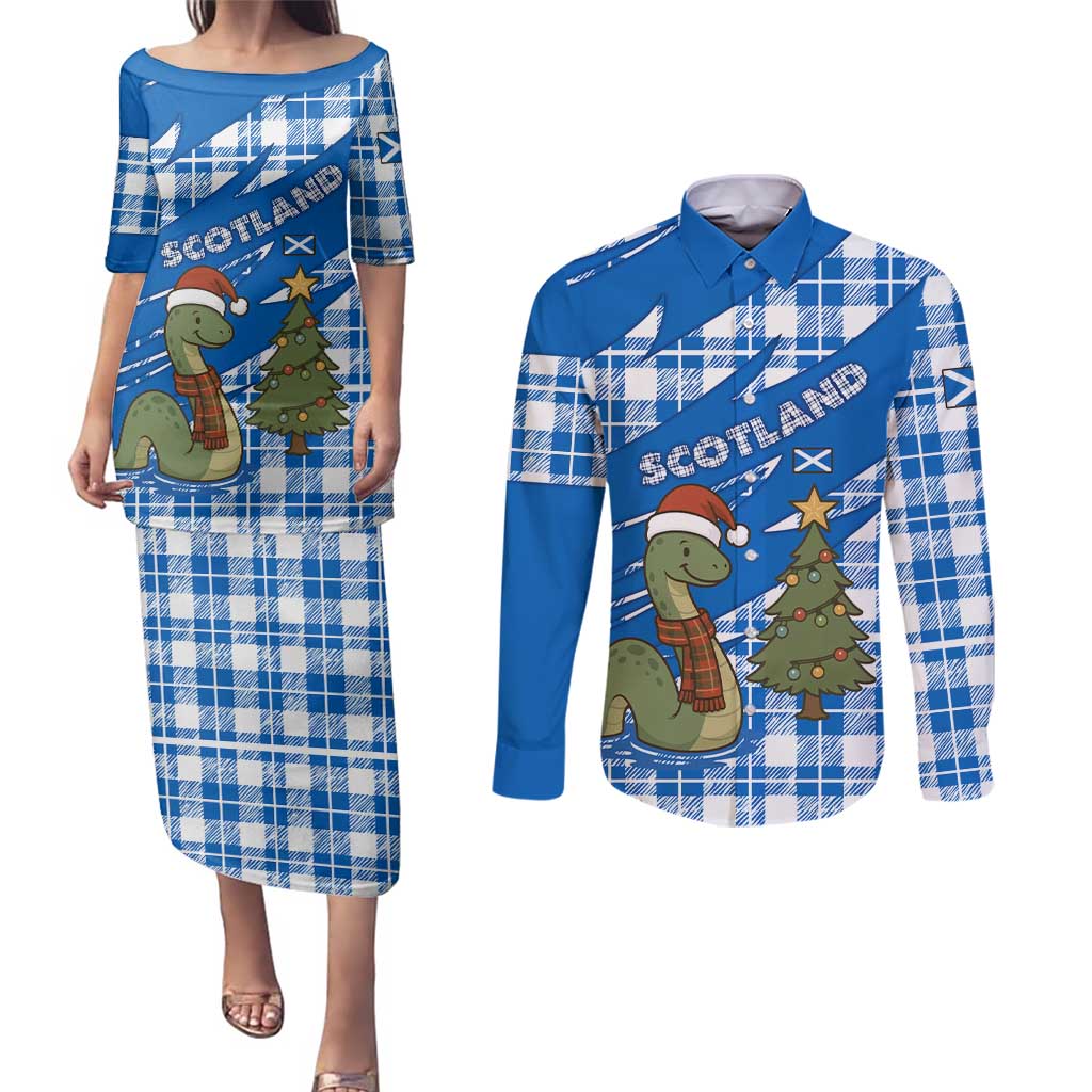 Scotland Christmas Couples Matching Puletasi and Long Sleeve Button Shirt with Nessie Santa Hat and Blue Tartan Tree - Wonder Print Shop