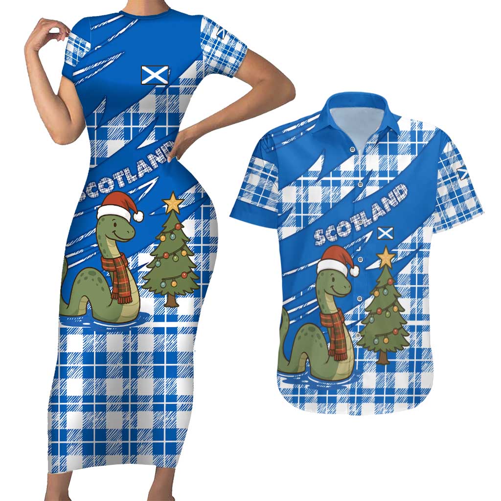 Scotland Christmas Couples Matching Short Sleeve Bodycon Dress and Hawaiian Shirt with Nessie Santa Hat and Blue Tartan Tree - Wonder Print Shop