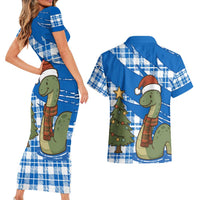 Scotland Christmas Couples Matching Short Sleeve Bodycon Dress and Hawaiian Shirt with Nessie Santa Hat and Blue Tartan Tree - Wonder Print Shop