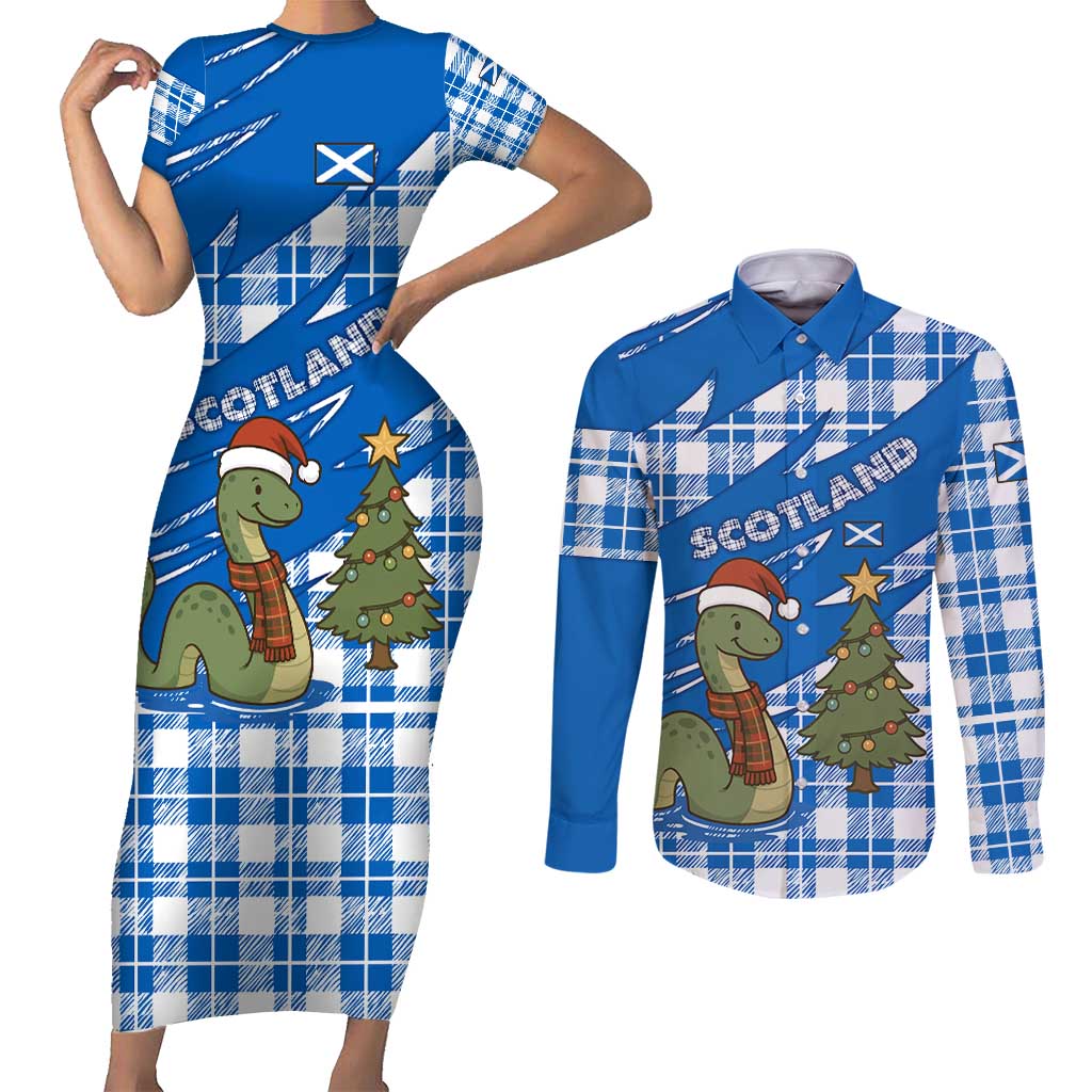 Scotland Christmas Couples Matching Short Sleeve Bodycon Dress and Long Sleeve Button Shirt with Nessie Santa Hat and Blue Tartan Tree - Wonder Print Shop
