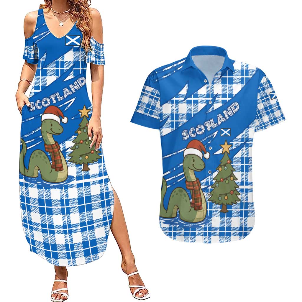 Scotland Christmas Couples Matching Summer Maxi Dress and Hawaiian Shirt with Nessie Santa Hat and Blue Tartan Tree - Wonder Print Shop