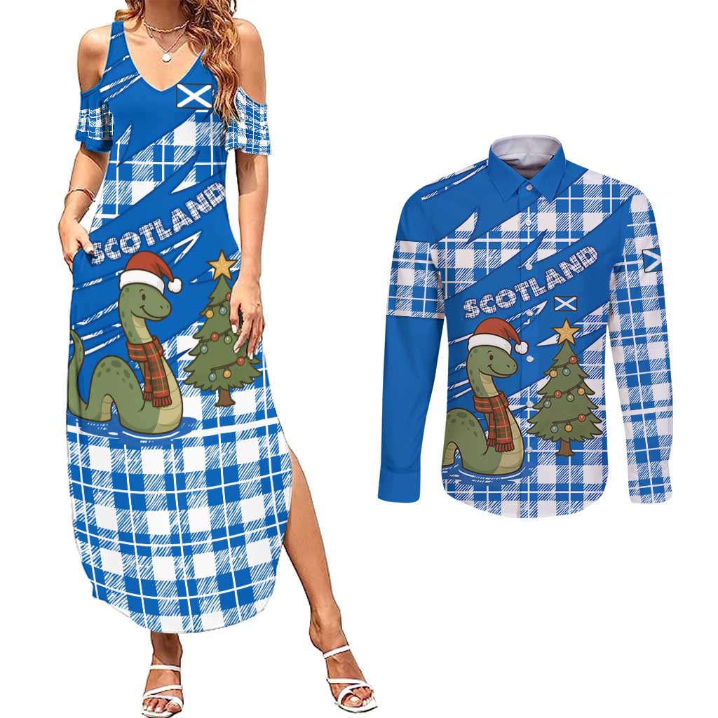 Scotland Christmas Couples Matching Summer Maxi Dress and Long Sleeve Button Shirt with Nessie Santa Hat and Blue Tartan Tree - Wonder Print Shop