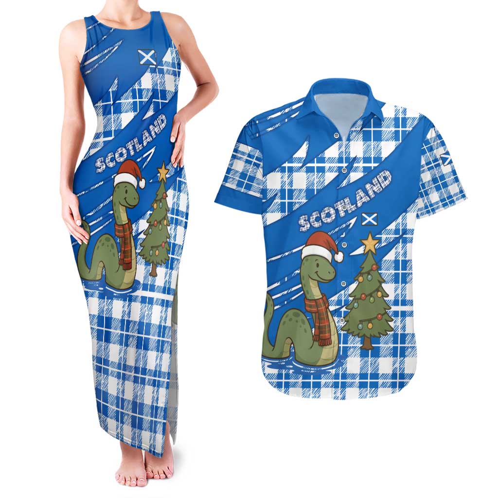 Scotland Christmas Couples Matching Tank Maxi Dress and Hawaiian Shirt with Nessie Santa Hat and Blue Tartan Tree - Wonder Print Shop