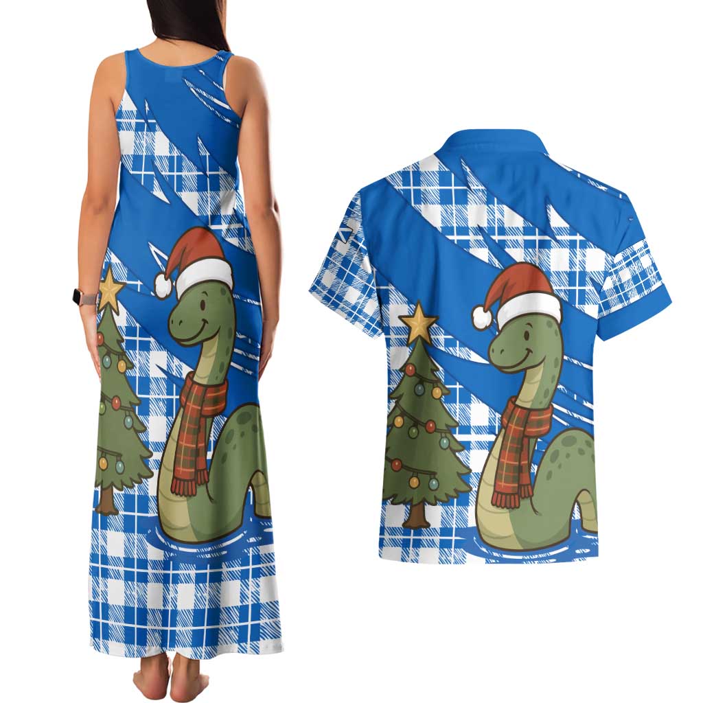 Scotland Christmas Couples Matching Tank Maxi Dress and Hawaiian Shirt with Nessie Santa Hat and Blue Tartan Tree - Wonder Print Shop
