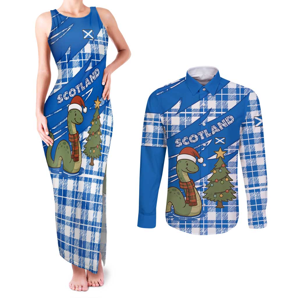 Scotland Christmas Couples Matching Tank Maxi Dress and Long Sleeve Button Shirt with Nessie Santa Hat and Blue Tartan Tree - Wonder Print Shop