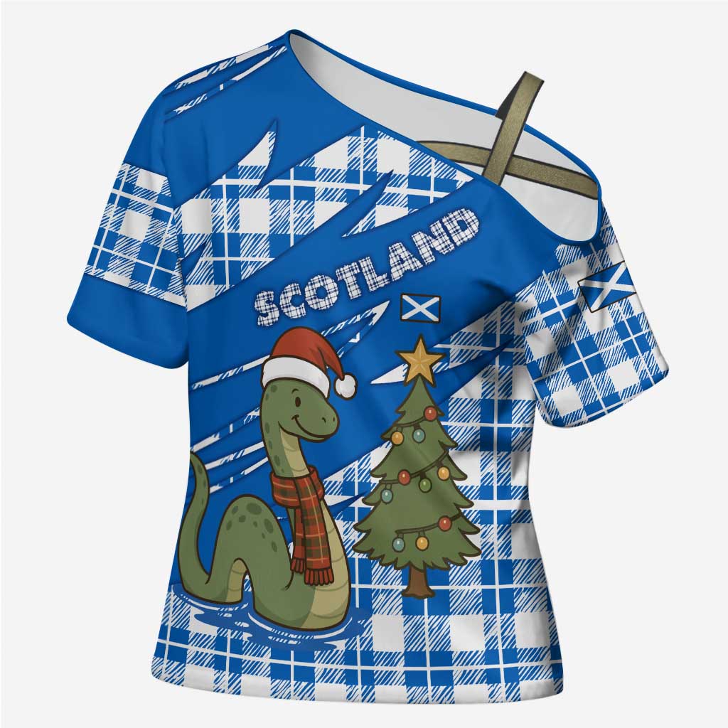 Scotland Christmas Cross Shoulder Shirt with Nessie Santa Hat and Blue Tartan Tree - Wonder Print Shop