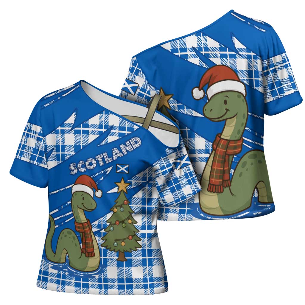 Scotland Christmas Cross Shoulder Shirt with Nessie Santa Hat and Blue Tartan Tree - Wonder Print Shop