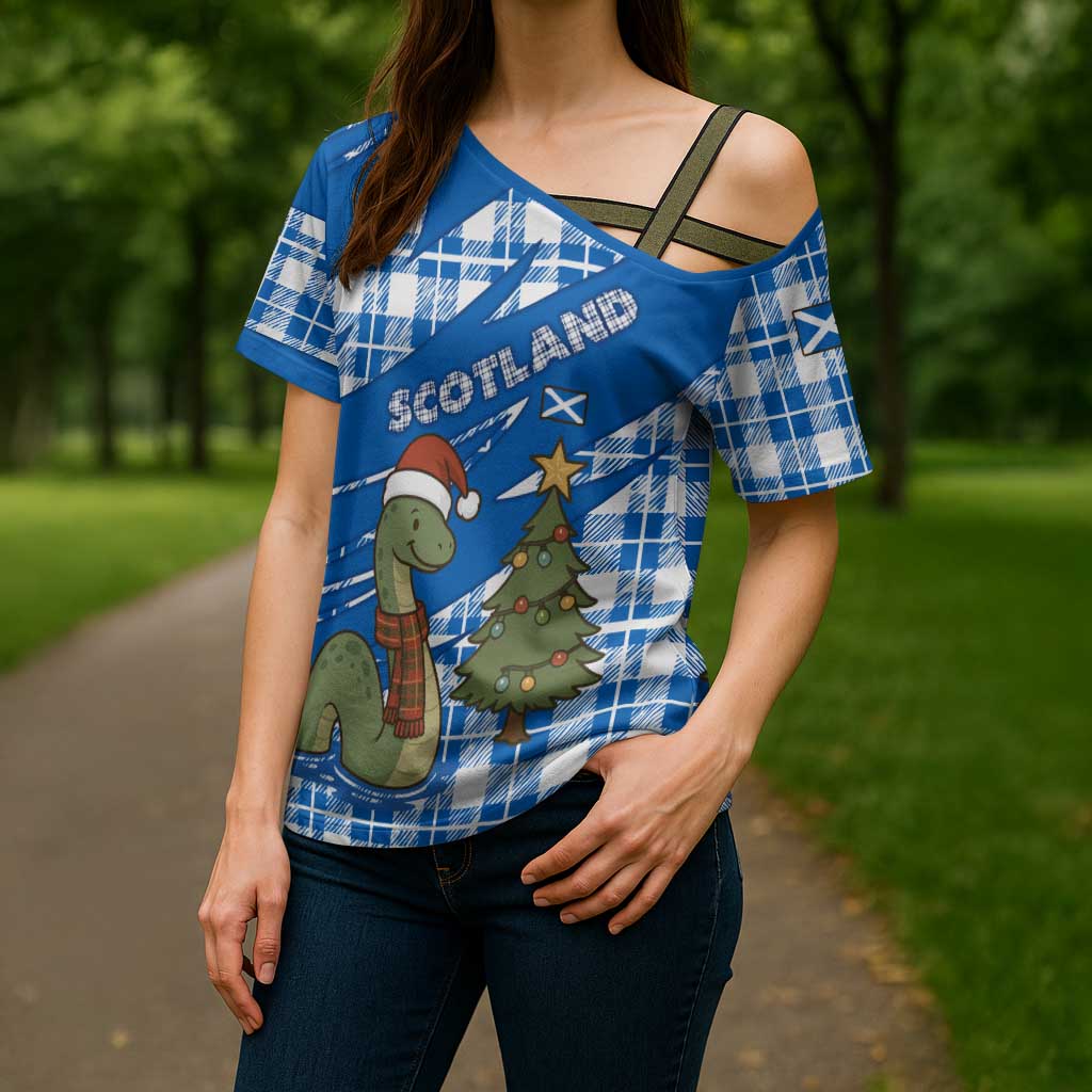 Scotland Christmas Cross Shoulder Shirt with Nessie Santa Hat and Blue Tartan Tree - Wonder Print Shop