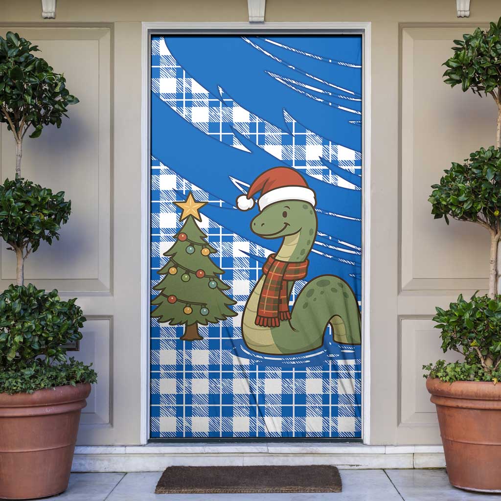 Scotland Christmas Door Cover with Nessie Santa Hat and Blue Tartan Tree - Wonder Print Shop