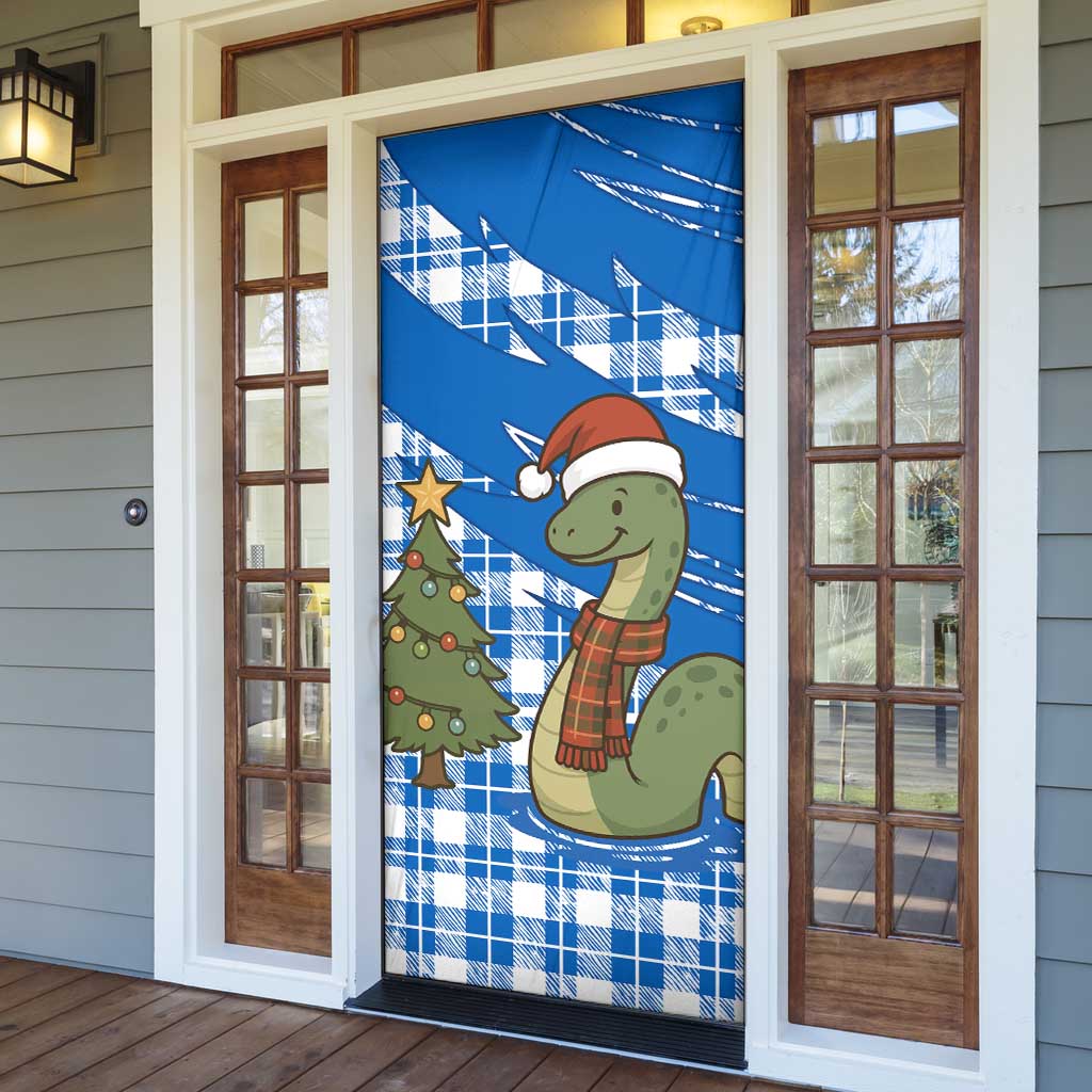 Scotland Christmas Door Cover with Nessie Santa Hat and Blue Tartan Tree - Wonder Print Shop
