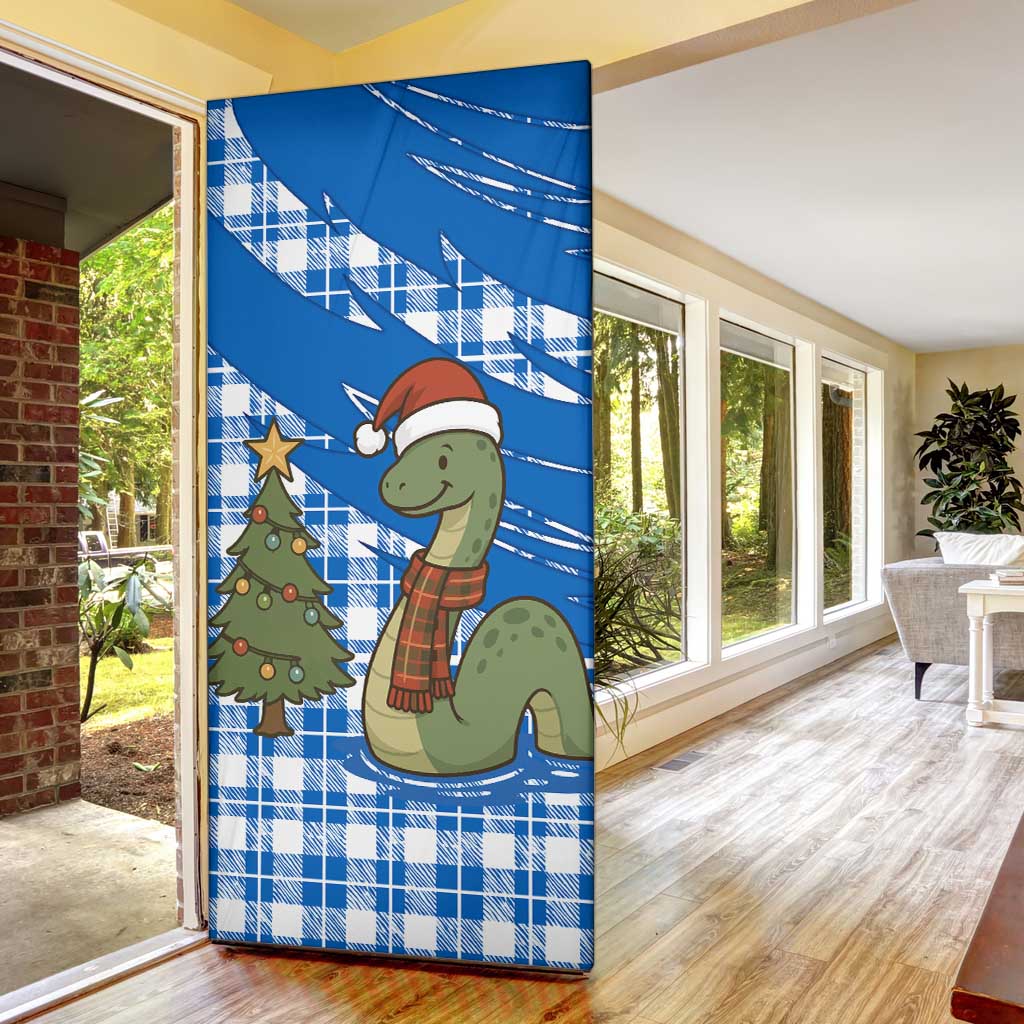 Scotland Christmas Door Cover with Nessie Santa Hat and Blue Tartan Tree - Wonder Print Shop