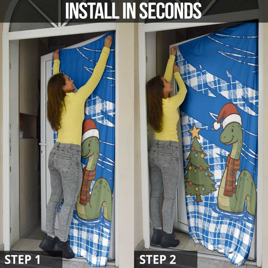 Scotland Christmas Door Cover with Nessie Santa Hat and Blue Tartan Tree - Wonder Print Shop