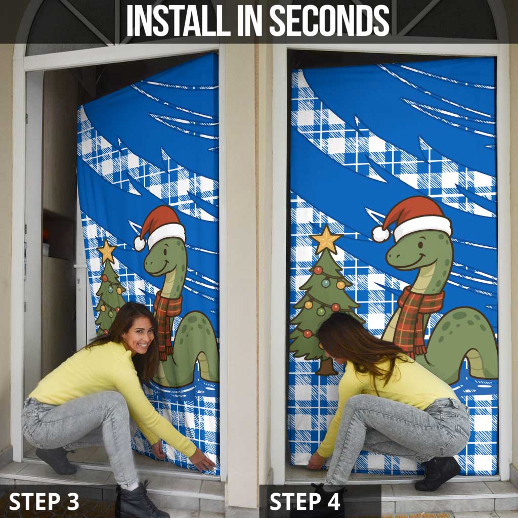 Scotland Christmas Door Cover with Nessie Santa Hat and Blue Tartan Tree - Wonder Print Shop
