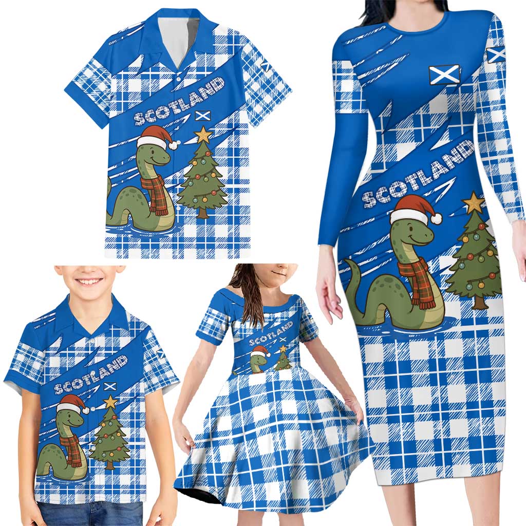 Scotland Christmas Family Matching Long Sleeve Bodycon Dress and Hawaiian Shirt with Nessie Santa Hat and Blue Tartan Tree - Wonder Print Shop