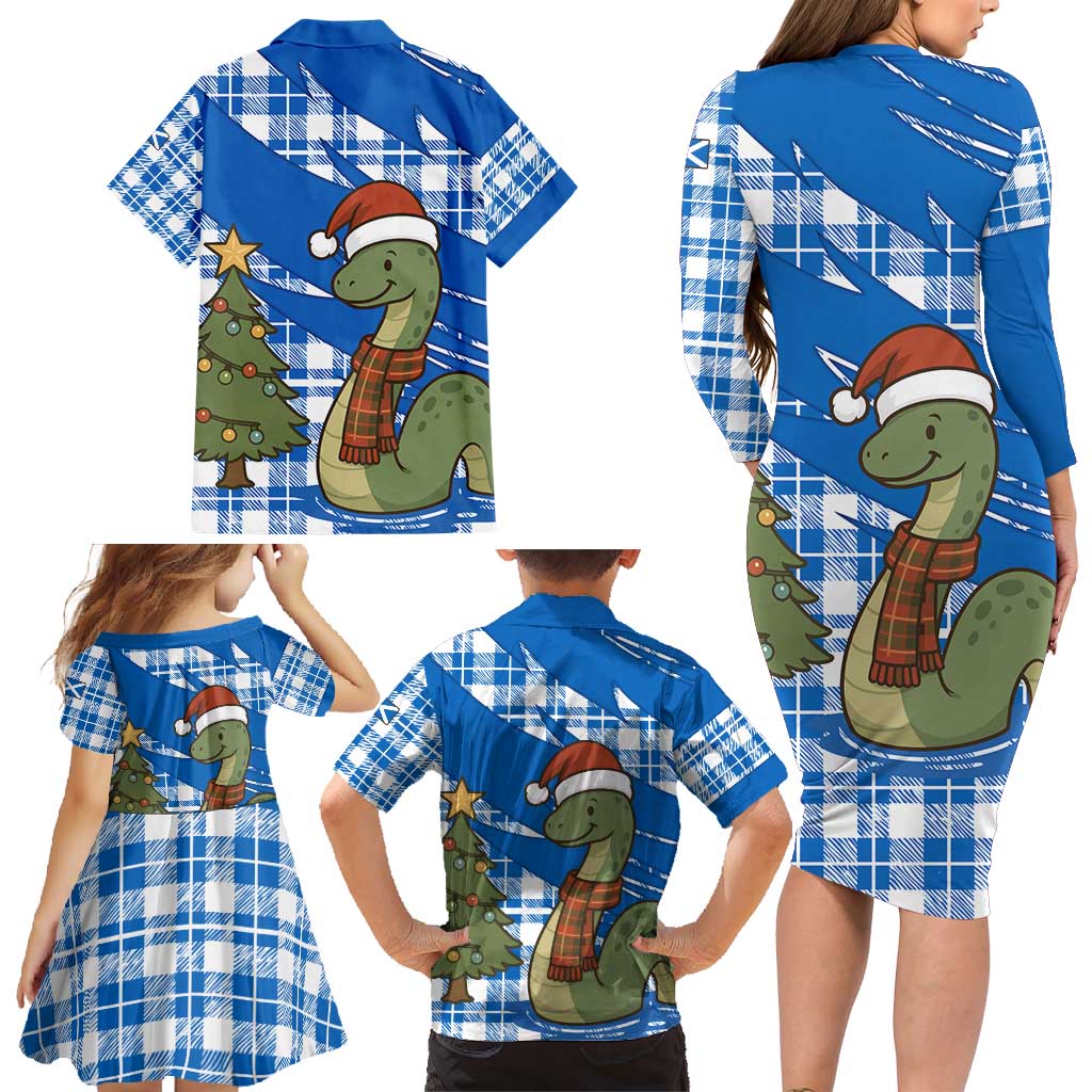 Scotland Christmas Family Matching Long Sleeve Bodycon Dress and Hawaiian Shirt with Nessie Santa Hat and Blue Tartan Tree - Wonder Print Shop