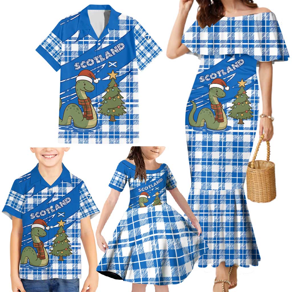 Scotland Christmas Family Matching Mermaid Dress and Hawaiian Shirt with Nessie Santa Hat and Blue Tartan Tree - Wonder Print Shop