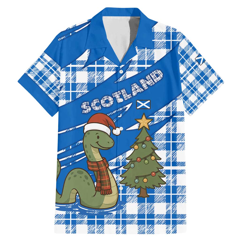 Scotland Christmas Family Matching Mermaid Dress and Hawaiian Shirt with Nessie Santa Hat and Blue Tartan Tree - Wonder Print Shop