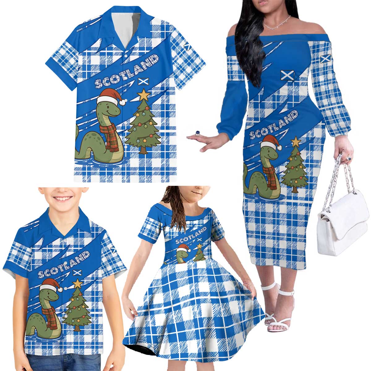Scotland Christmas Family Matching Off The Shoulder Long Sleeve Dress and Hawaiian Shirt with Nessie Santa Hat and Blue Tartan Tree - Wonder Print Shop