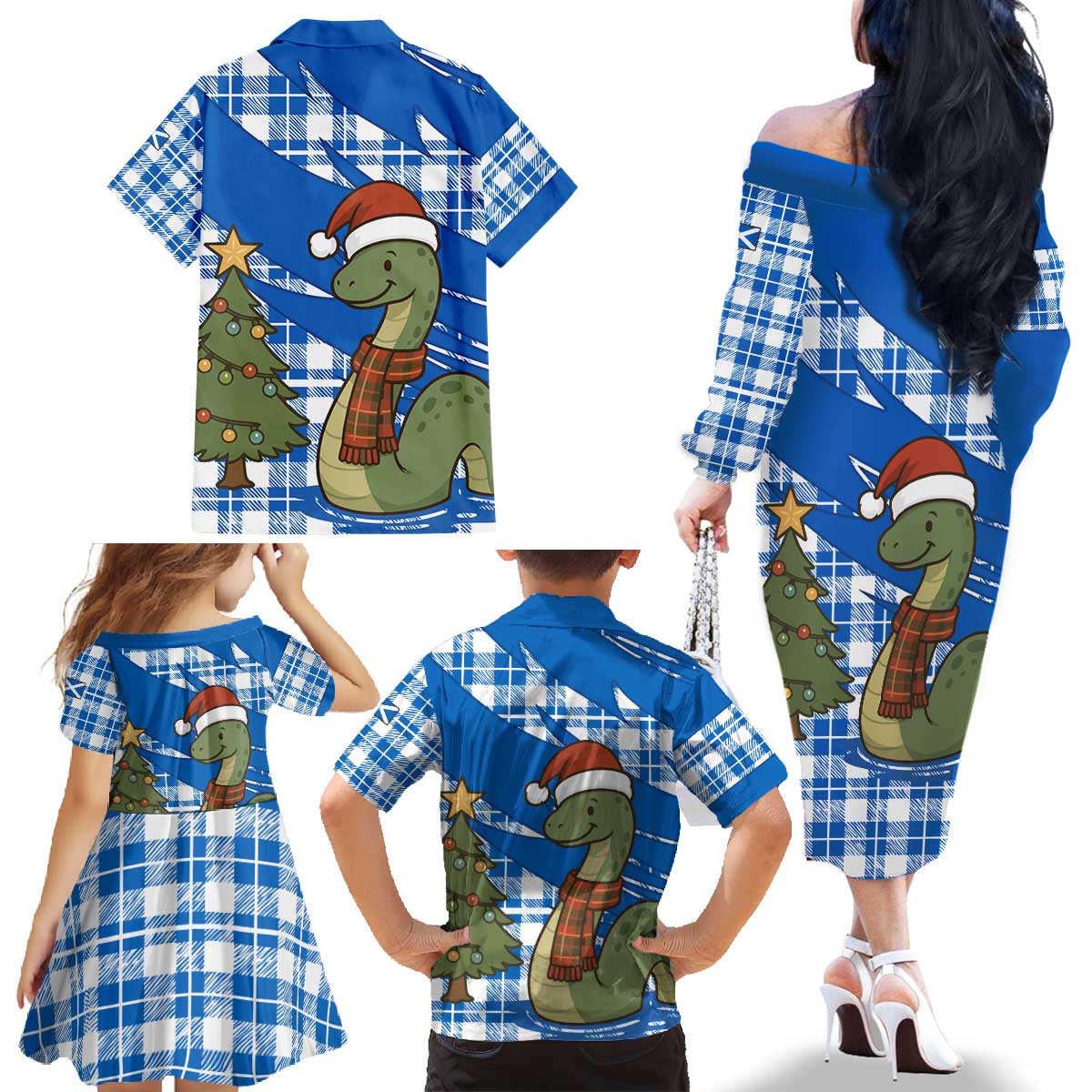Scotland Christmas Family Matching Off The Shoulder Long Sleeve Dress and Hawaiian Shirt with Nessie Santa Hat and Blue Tartan Tree - Wonder Print Shop