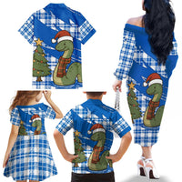 Scotland Christmas Family Matching Off The Shoulder Long Sleeve Dress and Hawaiian Shirt with Nessie Santa Hat and Blue Tartan Tree - Wonder Print Shop
