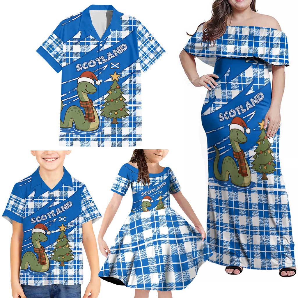 Scotland Christmas Family Matching Off Shoulder Maxi Dress and Hawaiian Shirt with Nessie Santa Hat and Blue Tartan Tree - Wonder Print Shop