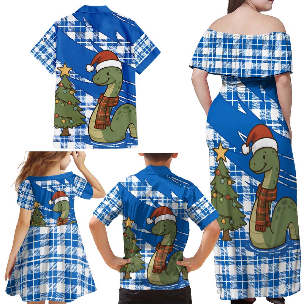 Scotland Christmas Family Matching Off Shoulder Maxi Dress and Hawaiian Shirt with Nessie Santa Hat and Blue Tartan Tree - Wonder Print Shop