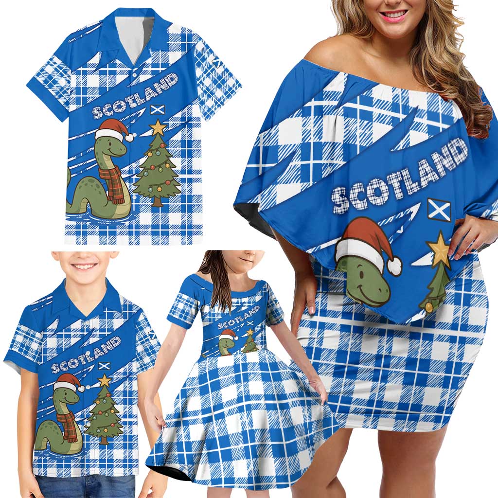 Scotland Christmas Family Matching Off Shoulder Short Dress and Hawaiian Shirt with Nessie Santa Hat and Blue Tartan Tree - Wonder Print Shop