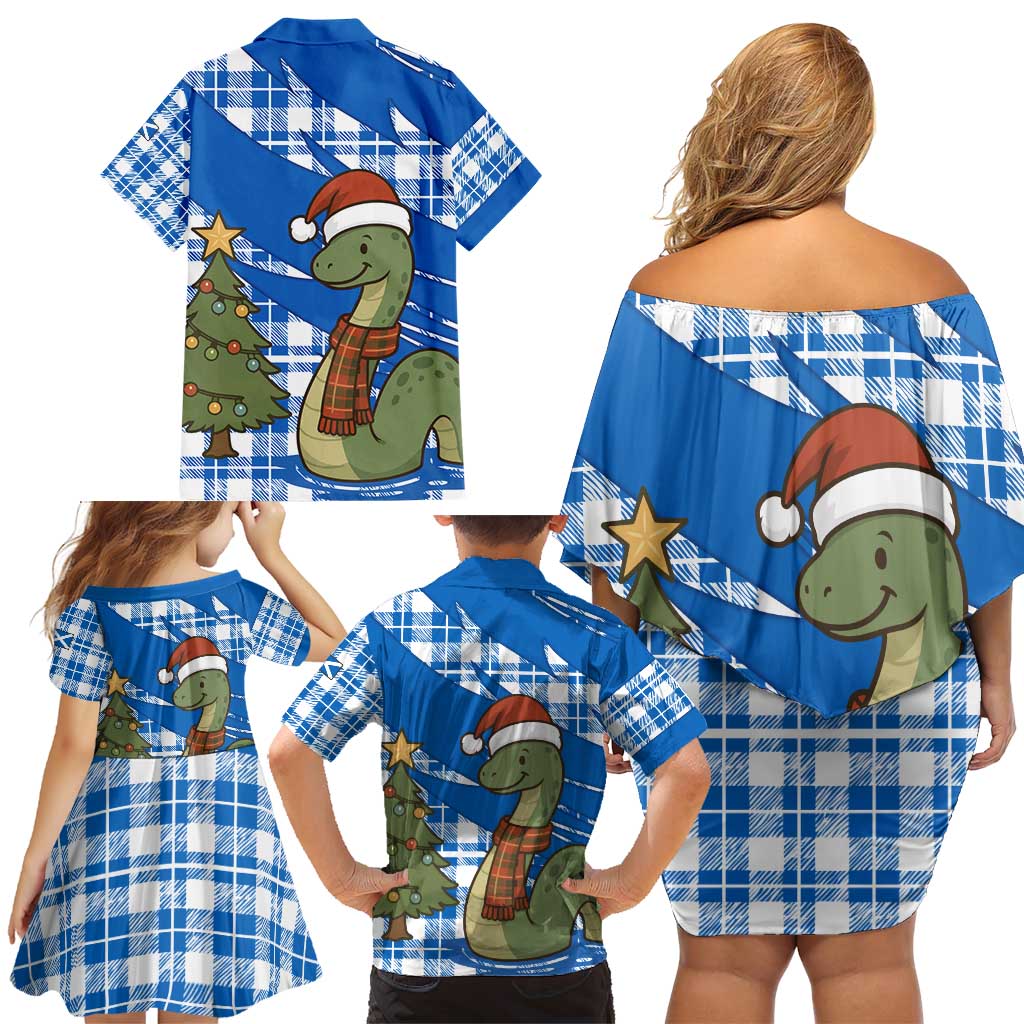 Scotland Christmas Family Matching Off Shoulder Short Dress and Hawaiian Shirt with Nessie Santa Hat and Blue Tartan Tree - Wonder Print Shop