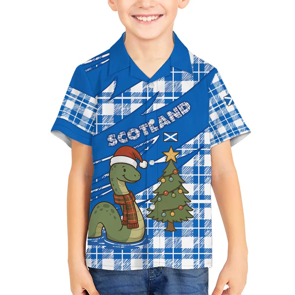 Scotland Christmas Family Matching Off Shoulder Short Dress and Hawaiian Shirt with Nessie Santa Hat and Blue Tartan Tree - Wonder Print Shop