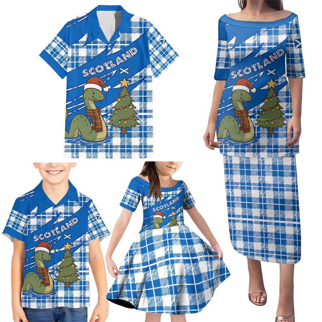 Scotland Christmas Family Matching Puletasi and Hawaiian Shirt with Nessie Santa Hat and Blue Tartan Tree - Wonder Print Shop