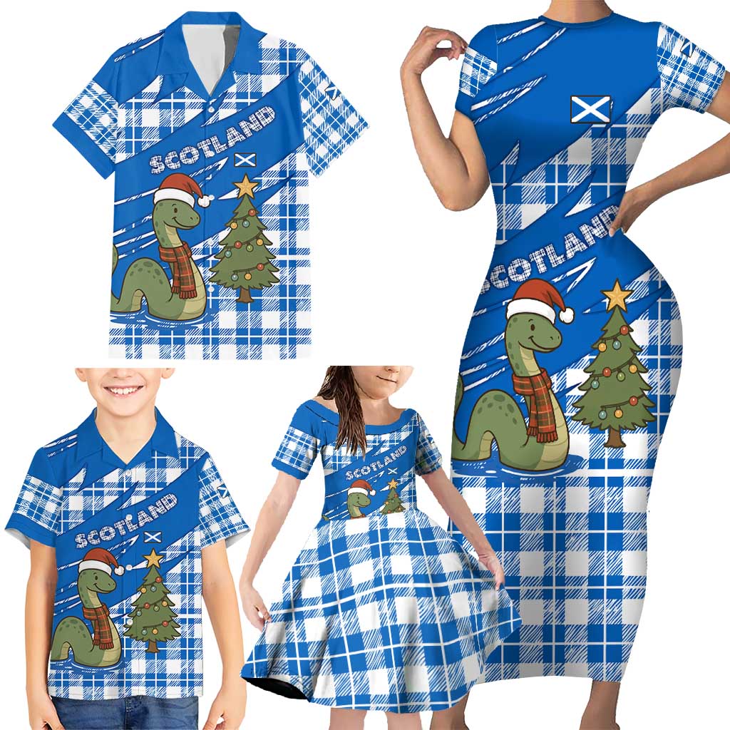Scotland Christmas Family Matching Short Sleeve Bodycon Dress and Hawaiian Shirt with Nessie Santa Hat and Blue Tartan Tree - Wonder Print Shop