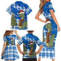 Scotland Christmas Family Matching Short Sleeve Bodycon Dress and Hawaiian Shirt with Nessie Santa Hat and Blue Tartan Tree - Wonder Print Shop