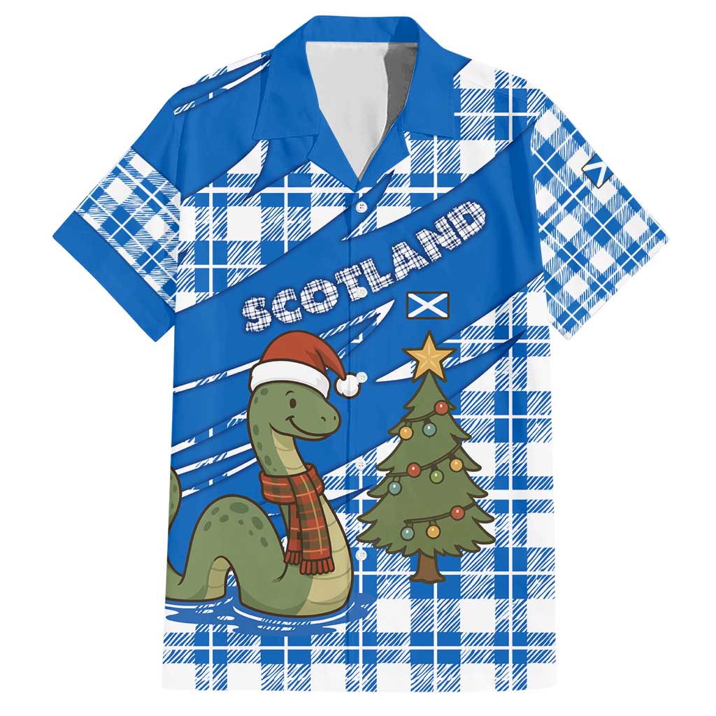 Scotland Christmas Family Matching Short Sleeve Bodycon Dress and Hawaiian Shirt with Nessie Santa Hat and Blue Tartan Tree - Wonder Print Shop